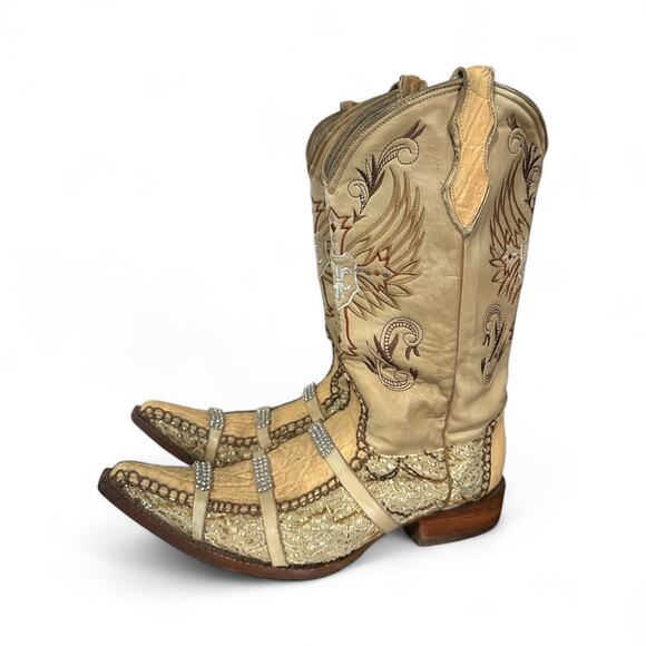 Carreta Beige Crocodile Handmade Western Cowboy Boots Men's Sz 9 Rhinestone - Picture 1 of 9